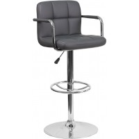 Flash Furniture CH-102029-GY-GG Contemporary Gray Quilted Vinyl Adjustable Height Barstool with Arms and Chrome Base