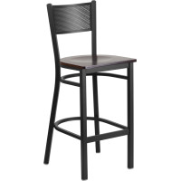 Flash Furniture XU-DG-60116-GRD-BAR-WALW-GG Hercules Series Black Grid Back Metal Restaurant Barstool - Walnut Wood Seat